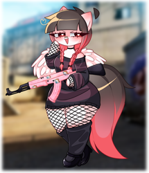 Size: 2344x2720 | Tagged: safe, artist:franshushu, derpibooru import, oc, oc only, oc:arwencuack, anthro, pegasus, ak, ak-47, assault rifle, counter-strike: global offensive, evil, gun, heart, heart eyes, rifle, smiling, solo, thicc thighs, weapon, wingding eyes