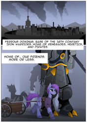 Size: 2480x3508 | Tagged: safe, artist:buvanybu, derpibooru import, oc, earth pony, fanfic:iron hearts, ammunition, chaos, chaos space marine, city, comic, crossover, fanfic art, iron warriors, narration, space marine, text, wagon, warhammer (game), warhammer 40k