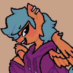 Size: 2000x2000 | Tagged: safe, artist:ponysforyou, derpibooru import, oc, oc only, pegasus, pony, clothes, ear piercing, hoodie, orange background, pegasus oc, piercing, pixel art, simple background, smiling, solo