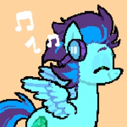 Size: 2000x2000 | Tagged: safe, artist:ponysforyou, derpibooru import, oc, oc only, pegasus, pony, eyes closed, headphones, music notes, orange background, pegasus oc, pixel art, side view, simple background, smiling, solo, spread wings, wings