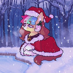 Size: 1846x1844 | Tagged: safe, artist:ponysforyou, derpibooru import, oc, oc only, oc:morning dew, earth pony, pony, bell, bell collar, christmas, collar, earth pony oc, hat, hearth's warming eve, holiday, lying down, santa hat, scenery, snow, snowfall, solo