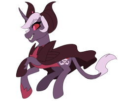 Size: 2048x1676 | Tagged: safe, artist:hibiscuit-rose, derpibooru import, pony, unicorn, cape, clothes, cookie run, curved horn, hat, horn, ponified, purple coat, red eyes, sharp teeth, shoes, simple background, solo, species swap, teeth, transparent background, white mane