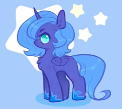 Size: 1633x1457 | Tagged: safe, artist:ponysforyou, derpibooru import, princess luna, alicorn, pony, blue background, chest fluff, female, filly, foal, looking at you, side view, simple background, woona, younger