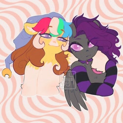 Size: 1500x1500 | Tagged: safe, artist:ponysforyou, derpibooru import, oc, oc:morning dew, earth pony, pegasus, pony, bust, chest fluff, clothes, duo, earth pony oc, hat, pegasus oc, smiling, socks, striped socks