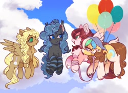 Size: 2048x1498 | Tagged: safe, artist:ponysforyou, derpibooru import, oc, oc:morning dew, oc:nasty cherry, earth pony, pegasus, pony, balloon, clothes, earth pony oc, flying, hat, pegasus oc, smiling, socks