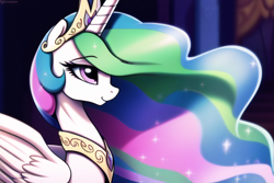 Size: 768x512 | Tagged: safe, derpibooru import, generator:novelai, generator:stable diffusion, machine learning generated, princess celestia, alicorn, pony, bust, female, horn, indoors, jewelry, mare, solo, tiara, wings