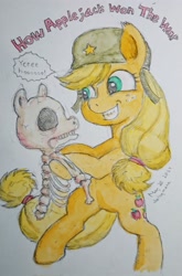 Size: 1350x2048 | Tagged: safe, artist:daisymane, derpibooru import, applejack, earth pony, pony, bipedal, bone, dancing, female, grin, helmet, how applejack won the war, mare, skeleton, smiling, solo, traditional art