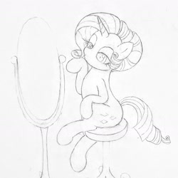 Size: 1762x1763 | Tagged: artist needed, safe, derpibooru import, rarity, pony, chair, mirror, pose, sitting, solo, traditional art