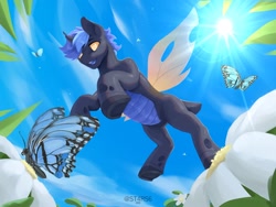 Size: 1800x1350 | Tagged: safe, artist:st4rs6, derpibooru import, oc, oc only, butterfly, changeling, blue changeling, commission, floating, flower, spread wings, wings