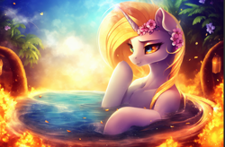 Size: 1154x755 | Tagged: safe, derpibooru import, editor:mr-bat, generator:stable diffusion, machine learning generated, daybreaker, alicorn, boop, fire, flower, flower in hair, imminent boop, palm tree, petals, self-boop, tree, water