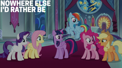 Size: 2000x1125 | Tagged: safe, derpibooru import, edit, edited screencap, editor:quoterific, screencap, applejack, fluttershy, pinkie pie, rainbow dash, rarity, twilight sparkle, twilight sparkle (alicorn), alicorn, the beginning of the end, mane six, throne room