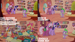 Size: 2000x1125 | Tagged: safe, derpibooru import, edit, edited screencap, editor:quoterific, screencap, apple bloom, cheerilee, scootaloo, spike, sweetie belle, twilight sparkle, unicorn twilight, unicorn, the show stoppers, book, cutie mark crusaders, golden oaks library, scroll