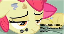 Size: 500x267 | Tagged: safe, derpibooru import, screencap, apple bloom, earth pony, the cutie pox, hangover, hub logo, logo, the hub