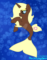 Size: 400x514 | Tagged: safe, artist:ioveanimals100, derpibooru import, oc, oc only, pony, seapony (g4), unicorn, bubble, dorsal fin, eyeshadow, female, fin, fish tail, flowing mane, flowing tail, horn, lidded eyes, makeup, mare, ocean, requested art, seaponified, signature, solo, species swap, swimming, tail, underwater, water