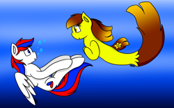 Size: 4000x2500 | Tagged: safe, artist:selecuri2002, derpibooru import, oc, oc only, pegasus, pony, seapony (g4), bubble, dorsal fin, feather, fin, fish tail, flowing mane, flowing tail, folded wings, looking at each other, looking at someone, ocean, pegasus oc, redraw, seapony oc, swimming, tail, underwater, water, wings