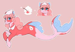 Size: 2280x1595 | Tagged: safe, artist:shibachichi, derpibooru import, oc, oc only, merpony, seapony (g4), blue eyes, cherry, cute, digital art, dorsal fin, female, fin, fish tail, food, looking at you, mare, pink background, pink mane, seapony oc, simple background, smiling, smiling at you, solo, swimming, tail