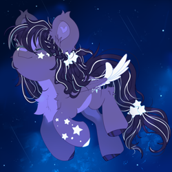 Size: 2500x2500 | Tagged: safe, artist:medkit, derpibooru import, oc, oc only, oc:nightfall whale, pegasus, pony, accessories, blaze (coat marking), chest fluff, chibi, closed mouth, coat markings, colored eyebrows, colored eyelashes, colored hooves, colored lineart, colored wings, dark, ear fluff, ears, ears up, enjoying, eye clipping through hair, eyebrows, eyebrows visible through hair, eyelashes, eyes closed, facial markings, feather, feathered wings, female, fishtail, fluffy, flying, freckles, full body, glowing, glowing mane, hairstyle, happy, heart shaped, high res, long mane, long tail, mare, neon, neon mane, night, night sky, paint tool sai 2, pegasus oc, pigtails, raised head, raised hooves, raised leg, scrunchie, shooting star, sky, small pony, smiling, solo, speedpaint, speedpaint available, spots, spread wings, starry night, starry sky, stars, tail, tassels, three quarter view, two toned mane, two toned wings, wall of tags, wings