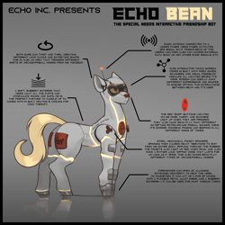 Size: 3000x3000 | Tagged: safe, artist:nsilverdraws, derpibooru import, oc, oc only, oc:echo bean, earth pony, pony, robot, robot pony, antenna, fidget spinner, glowing, gradient background, high res, reflection, solo, standing, tail, technology, text