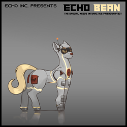 Size: 3000x3000 | Tagged: safe, alternate version, artist:nsilverdraws, derpibooru import, oc, oc only, oc:echo bean, earth pony, pony, robot, robot pony, antenna, fidget spinner, glowing, gradient background, high res, reflection, solo, standing, tail, technology, text