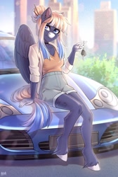 Size: 1900x2831 | Tagged: safe, artist:hakaina, artist:hakaina88, derpibooru import, oc, oc only, oc:kimono silk, anthro, pegasus, car, choker, cute, female, freckles, gradient mane, hair bun, key, looking at you, pegasus oc, porsche, porsche 911, sitting, unshorn fetlocks