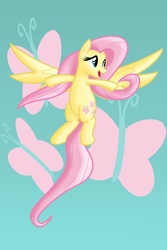 Size: 3600x5400 | Tagged: safe, artist:lxyacht, derpibooru import, fluttershy, butterfly, pegasus, pony, cutie mark, cutie mark background, female, flying, full body, long tail, mare, open mouth, simple background, solo, spread wings, tail, teal background, wings