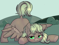 Size: 2501x1895 | Tagged: safe, artist:dumbwoofer, derpibooru import, oc, oc:forest air, pegasus, pony, ass up, bedroom eyes, blushing, dock, ear fluff, ears, face down ass up, female, grass, grass field, hock fluff, looking at you, mare, sky, smiling, smiling at you, solo, spread wings, tail, underhoof, wingboner, wings