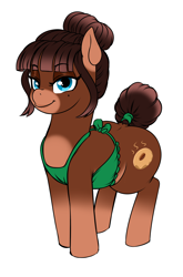 Size: 1672x2528 | Tagged: safe, artist:dibujito, derpibooru import, oc, oc only, oc:donut steam, apron, blue eyes, brown coat, brown mane, brown tail, clothes, cutie mark, female, hair bun, looking at you, mane, simple background, solo, tail, tail bun, white background