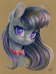 Size: 913x1200 | Tagged: safe, artist:maytee, derpibooru import, octavia melody, earth pony, pony, bowtie, bust, colored pencil drawing, female, looking at you, mare, portrait, solo, traditional art