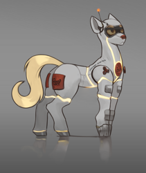 Size: 1964x2325 | Tagged: safe, alternate version, artist:nsilverdraws, derpibooru import, edit, oc, oc only, oc:echo bean, earth pony, pony, robot, robot pony, antenna, fidget spinner, glowing, gradient background, high res, nudity, reflection, solo, standing, tail, technology