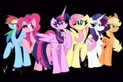 Size: 2048x1371 | Tagged: safe, artist:andyfoxarts890, derpibooru import, applejack, fluttershy, pinkie pie, rainbow dash, rarity, twilight sparkle, twilight sparkle (alicorn), alicorn, earth pony, pegasus, pony, unicorn, black background, female, mane six, simple background