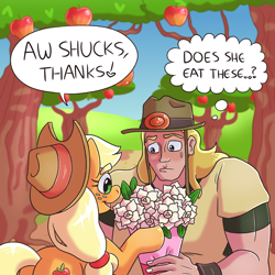 Size: 3000x3000 | Tagged: safe, artist:snail-speed, derpibooru import, applejack, apple, apple tree, crossover, crossover shipping, hol horse, holjack, interspecies, jojo's bizarre adventure, shipping, tree