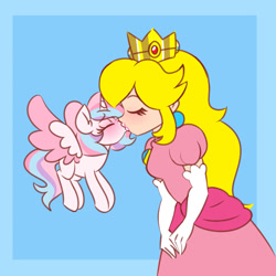 Size: 1280x1280 | Tagged: safe, artist:ladylullabystar, derpibooru import, oc, oc:lullaby star, alicorn, human, pony, crossover, crossover shipping, eyes closed, female, human female, kissing, lesbian, mare, princess peach, shipping, simple background, super mario bros., transparent background