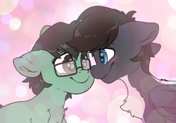 Size: 6000x4200 | Tagged: safe, artist:fluffyxai, derpibooru import, oc, oc:jimpy, oc:tenerius, earth pony, pony, skunk, skunk pony, blushing, chest fluff, commission, earth pony oc, glasses, looking at each other, looking at someone, smiling, your character here