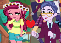 Size: 1024x714 | Tagged: safe, artist:3d4d, derpibooru import, edit, edited screencap, screencap, clayton potter, gloriosa daisy, larry cooper, equestria girls, friendship games, legend of everfree, background human, bedroom eyes, claisy, eyebrows, female, geode of fauna, geode of shielding, geode of sugar bombs, geode of super speed, geode of super strength, hand on hip, magical geodes, male, microphone, raised eyebrow, shipping, shipping domino, straight