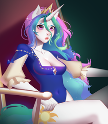 Size: 1676x1920 | Tagged: safe, artist:ambrysic, derpibooru import, princess celestia, alicorn, anthro, belly button, big eyes, breasts, cleavage, clothes, crown, ears, eyebrows, eyelashes, female, hips, horn, jewelry, leotard, lips, multicolored hair, multicolored tail, nostrils, puckered lips, regalia, short sleeves, sitting, skintight clothes, solo, tail, thighs, throne, unicorn horn