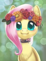 Size: 2173x2898 | Tagged: safe, artist:taytinabelle, derpibooru import, fluttershy, pegasus, pony, :3, backlighting, blurry background, blushing, bokeh, bust, chest fluff, choker, cute, ear fluff, ears, female, floral head wreath, flower, happy, jewelry, lighting, looking at you, mare, necklace, shading, shyabetes, smiling, smiling at you, solo