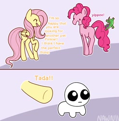 Size: 1884x1906 | Tagged: safe, artist:nawnii, derpibooru import, fluttershy, gummy, pinkie pie, alligator, earth pony, pegasus, pony, autism creature, comic, dialogue, eyes closed, happy, pet, pronking, yippee