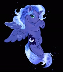 Size: 1886x2164 | Tagged: safe, artist:peachmichea, derpibooru import, princess luna, alicorn, g3, g4, black background, flying, g4 to g3, generation leap, looking at you, simple background, solo, spread wings, wings