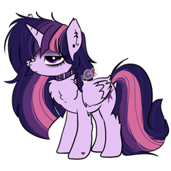 Size: 2700x2700 | Tagged: safe, artist:cutiesparke, derpibooru import, twilight sparkle, twilight sparkle (alicorn), alicorn, pony, accessory, alternate hairstyle, bags under eyes, chest fluff, choker, collar, descended twilight, ear fluff, ear piercing, earring, ears, goth, hoof heart, jewelry, leg fluff, lightly watermarked, messy mane, piercing, simple background, solo, transparent background, unamused, watermark, wing fluff, wings