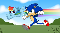 Size: 6032x3344 | Tagged: safe, artist:kittyrosie, derpibooru import, rainbow dash, pegasus, pony, absurd resolution, clothes, cloud, fast, flying, gloves, grass, race, rainbow, running, shoes, sky, sonic the hedgehog, sonic the hedgehog (series)