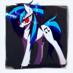 Size: 3072x3072 | Tagged: safe, derpibooru import, editor:v, generator:purplesmart.ai, generator:stable diffusion, machine learning assisted, dj pon-3, vinyl scratch, pony, unicorn, ear fluff, ears, female, glowing, glowing horn, horn, red eyes, solo