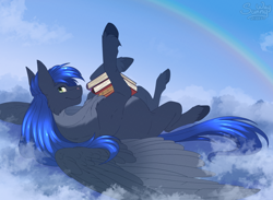 Size: 1600x1170 | Tagged: safe, artist:sunny way, derpibooru import, oc, oc only, oc:star reader, pegasus, pony, book, chest fluff, cloud, commission, commissioner:shaddar, male, on a cloud, pegasus oc, rainbow, solo, wings