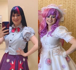 Size: 2289x2121 | Tagged: safe, artist:sarahndipity cosplay, derpibooru import, sweetie belle, twilight sparkle, human, equestria girls, cellphone, clothes, cosplay, costume, everfree northwest 2019, grin, irl, irl human, phone, photo, smiling