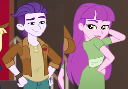 Size: 1506x1050 | Tagged: safe, derpibooru import, edit, edited screencap, screencap, dirk thistleweed, violet wisteria, better together, equestria girls, arm behind head, crack shipping, cropped, female, hand on hip, how to backstage, looking at you, male, shipping, shipping domino, straight, thisteria