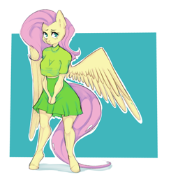 Size: 2944x3000 | Tagged: safe, artist:ranillopa, derpibooru import, fluttershy, anthro, pegasus, pony, unguligrade anthro, breasts, clothes, eyelashes, female, full body, high res, hootershy, looking at you, mare, partially open wings, passepartout, skirt, solo, wings