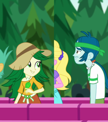 Size: 954x1080 | Tagged: safe, derpibooru import, edit, edited screencap, screencap, captain planet, sweet leaf, better together, equestria girls, sunset's backstage pass!, background human, cropped, female, hat, headband, male, shipping, shipping domino, straight, sweetplanet