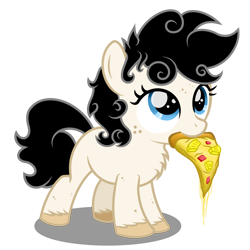 Size: 1600x1600 | Tagged: safe, artist:pizzamovies, derpibooru import, oc, oc only, oc:sugar slice, cheese, chest fluff, female, filly, foal, food, pineapple pizza, pizza, simple background, solo, transparent background