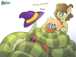 Size: 5000x3800 | Tagged: safe, alternate version, artist:fluffyxai, derpibooru import, oc, oc only, oc:honeylocks, oc:saria, earth pony, lamia, original species, pony, snake, snake pony, absurd resolution, coiling, coils, commission, constriction, dialogue, duo, eye clipping through hair, gradient background, hat, head pat, hypno eyes, hypnosis, hypnotized, kaa eyes, open mouth, open smile, pat, signature, simple background, smiling, tail, white background, witch hat, wrapped up