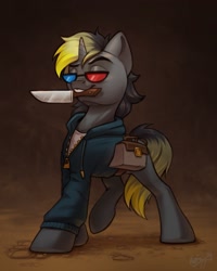 Size: 1755x2197 | Tagged: safe, artist:amishy, derpibooru import, oc, oc only, pony, unicorn, 3d glasses, bag, clothes, hoodie, knife, male, mouth hold, saddle bag, solo, stallion