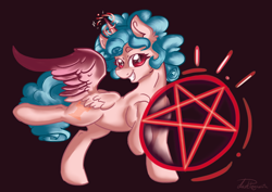 Size: 2480x1754 | Tagged: safe, artist:dankpegasista, derpibooru import, cozy glow, alicorn, pony, alicornified, big grin, cozycorn, evil, female, filly, foal, grin, highlights, magic, pentagram, pure concentrated unfiltered evil of the utmost potency, pure unfiltered evil, race swap, raised hoof, raised leg, red eyes, satanic, shading, smiling, solo, spread wings, summoning, wings